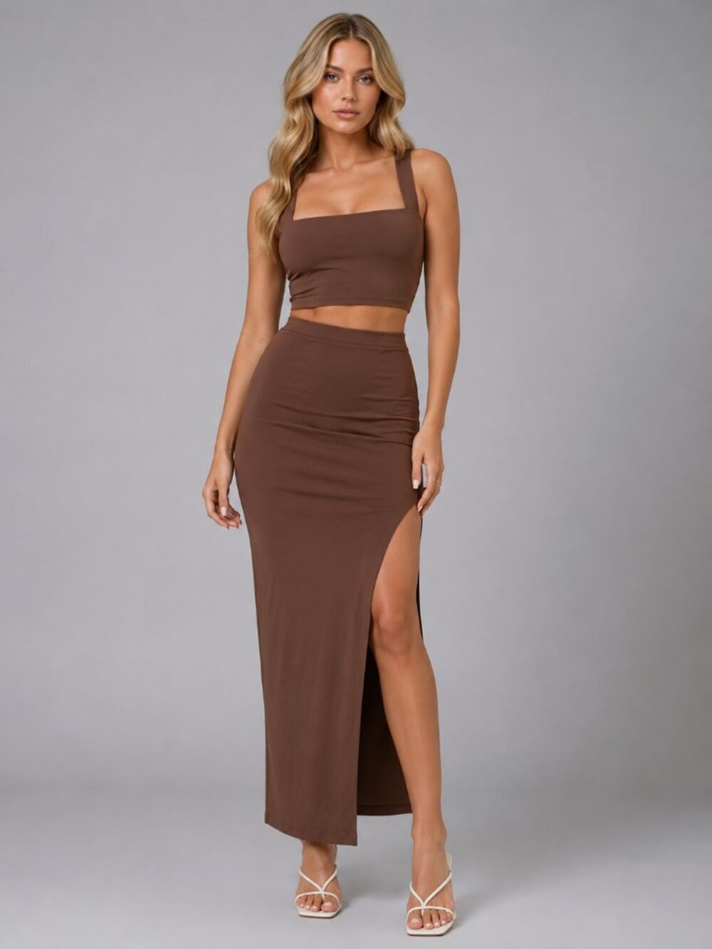 Women's Two Piece Maxi Skirt Set Square Neck Crop Tank Top Side Slit Outfit